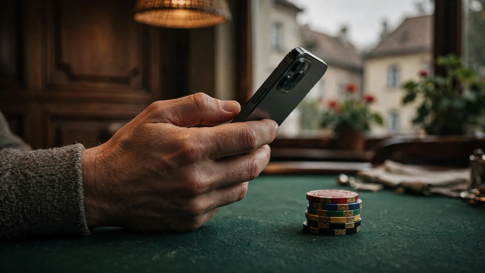 Ruka držící smartphone nad stolem s kasinovými žetony