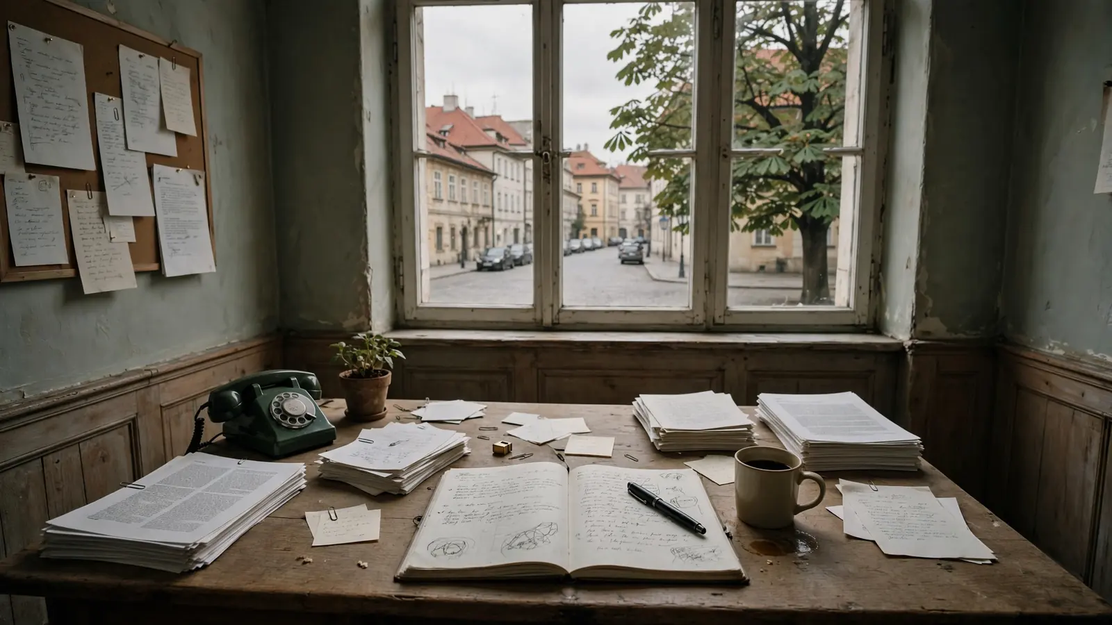 Redakční kancelář v Praze s telefonem, notebookem a šálkem kávy na stole.