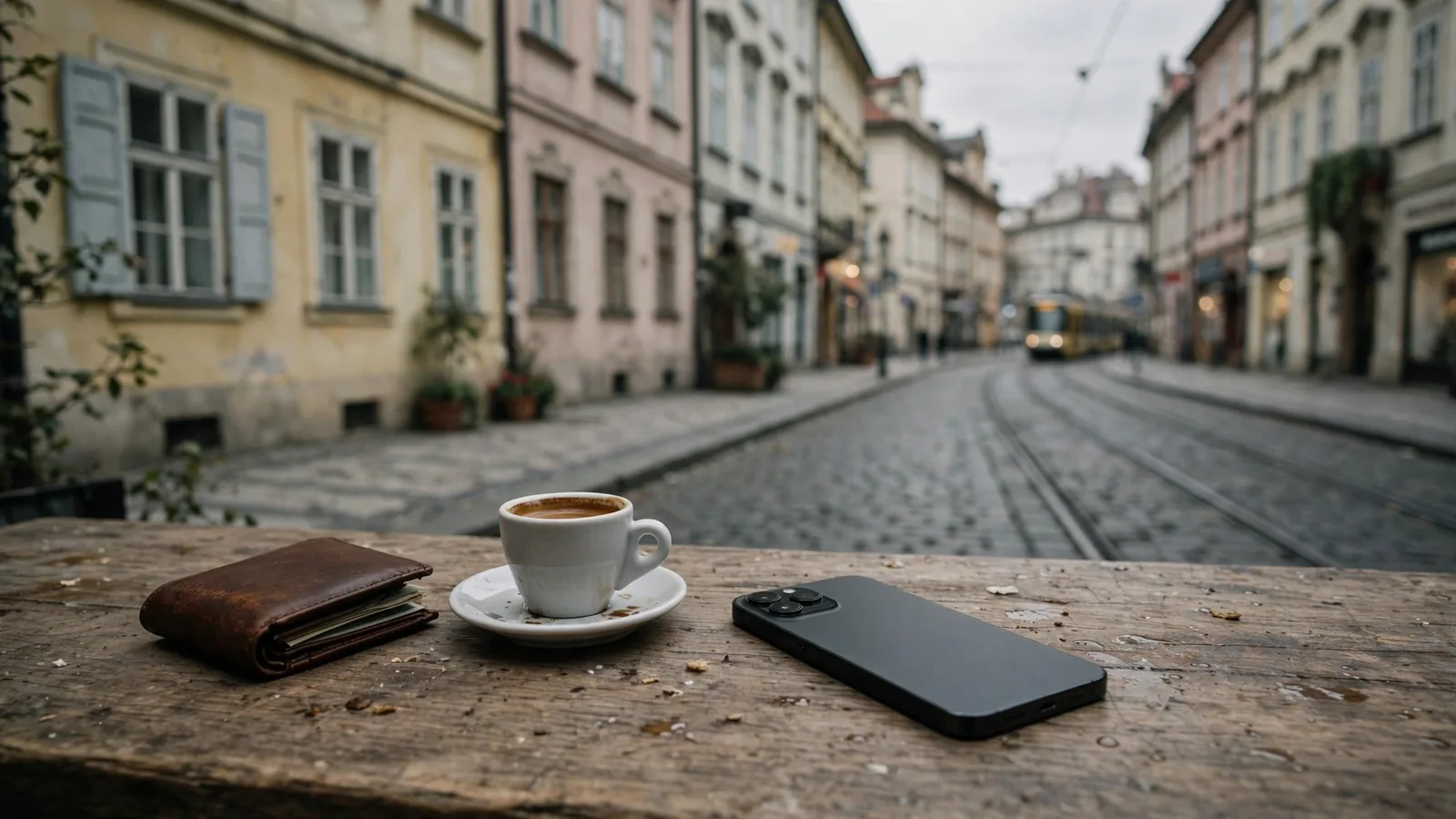 Mobilní telefon na stole v pražské ulici, v okolí káva a peněženka.